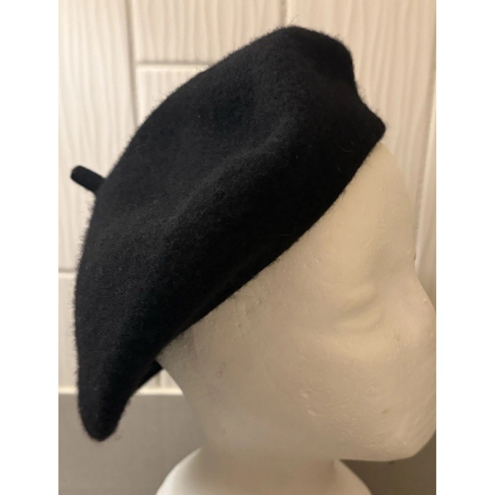 Wool Blend Black Beret Hat French Parisian Artist Cap Slouchy Retro w/ Stem EUC